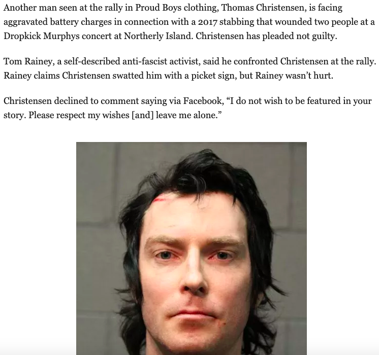 Thomas Fredrick Christensen (Trigger Tom) of Chicago https://antifascistchicago.noblogs.org/post/2019/07/24/truly-sabotaged-trigger-tom-frederick-christensen-president-of-proud-boys-chicago-chapter/ https://antifascistchicago.noblogs.org/post/2019/08/31/chicago-proud-boy-president-trigger-tom-christensen-found-guilty-of-two-felonies-from-2017-stabbing/(Photo credit to  @Tropophobe)