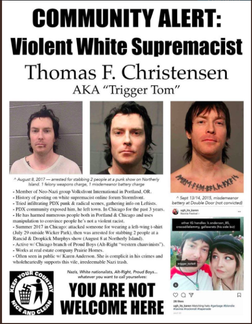 Thomas Fredrick Christensen (Trigger Tom) of Chicago https://antifascistchicago.noblogs.org/post/2019/07/24/truly-sabotaged-trigger-tom-frederick-christensen-president-of-proud-boys-chicago-chapter/ https://antifascistchicago.noblogs.org/post/2019/08/31/chicago-proud-boy-president-trigger-tom-christensen-found-guilty-of-two-felonies-from-2017-stabbing/(Photo credit to  @Tropophobe)