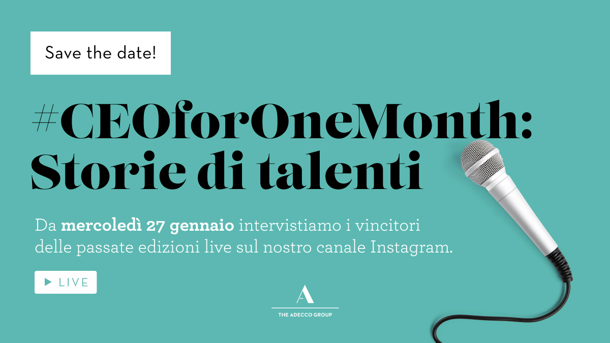 AdeccoGroupITA's tweet image. #CEOforOneMonth: Storie di talenti": una serie di live sul nostro canale Instagram per scoprire le storie degli ex vincitori del nostro #TalentProgram. A intervistarli @_monicamagri, Group HR &amp;amp; Organization Director. Appuntamento il 27 gennaio alle 13.30: ow.ly/JgzV30rtC0Y