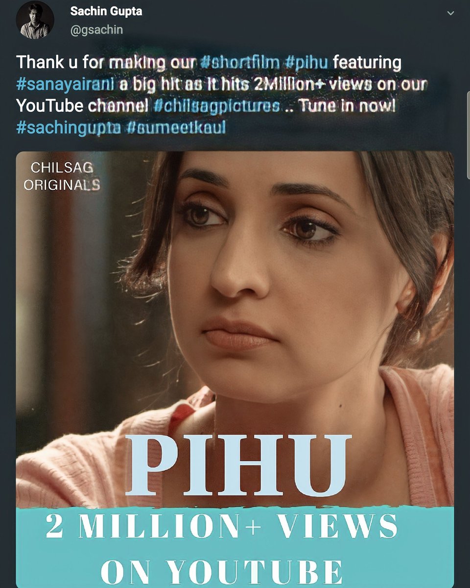 Congratulations to the whole team
'saching09
Thank u for making #pihu a big hit as it hits 2Million+views on our uTube channel #chilsagpictures Tune in now
#sachingupta #SanayaIrani #shortfilm
#chilsagmovies  #canvascolorsofficial #sumeetkaul   #londonplayers #nikhilc '