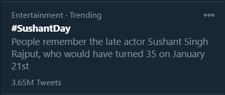 Track Twitter on our beloved Sushant Singh Rajput birthday.  #SushantDay 10:25pm :3.65M for  #SushantDay