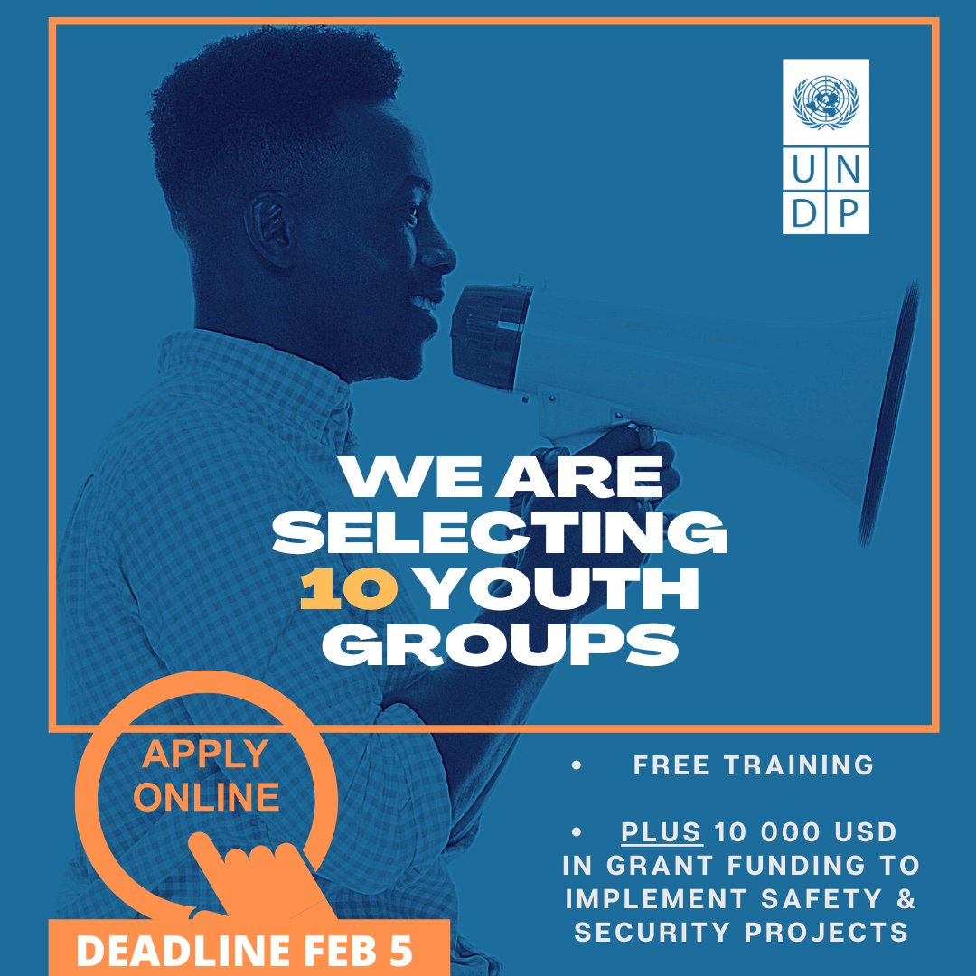 UNDPJamaica's tweet image. 📢 Calling youth led-organizations

UNDP will award 10 000 USD in grant funding to each of 10 youth groups to implement safety &amp;amp; security projects with free capacity-building training. 

Deadline Feb 5.  RT &amp;amp; Apply Now to secure 1 of the 10 spots 👉bit.ly/3izKPeL
