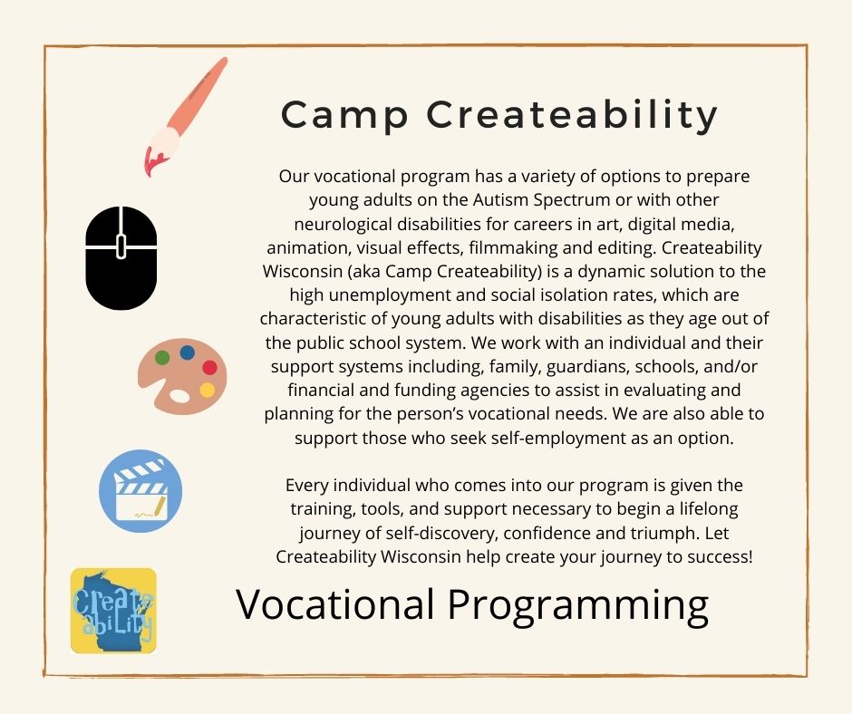CreateabilityWI's tweet image. Grow your professional skills with Camp Createability! Please feel free to visit createabilitywi.org/vocational-tra… or email Debbie at darmstrong.camp.createability@gmail.com for more information. #CreateabilityWisconsin #CreateWI
#ChangingLives #DifferentlyAbledNotDisabled
