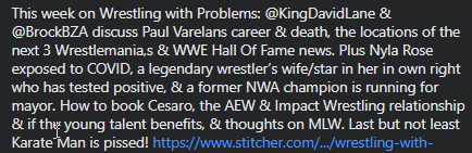 vocnation's tweet photo. Wrestling With Problems: @KingDavidLane & @BrockBZA talk Paul Varelans career/death, #Wrestlemania news, Blue Demon Jr News & more! https://t.co/5fLfEy8q2p #SupportPOCpods #BlackTwitter #WWENXT #WWERaw #Smackdown #UFC #MMA #AEW #Podcast #NWIndiana #Wrestling #prowrestling https://t.co/npVXoHx0mz