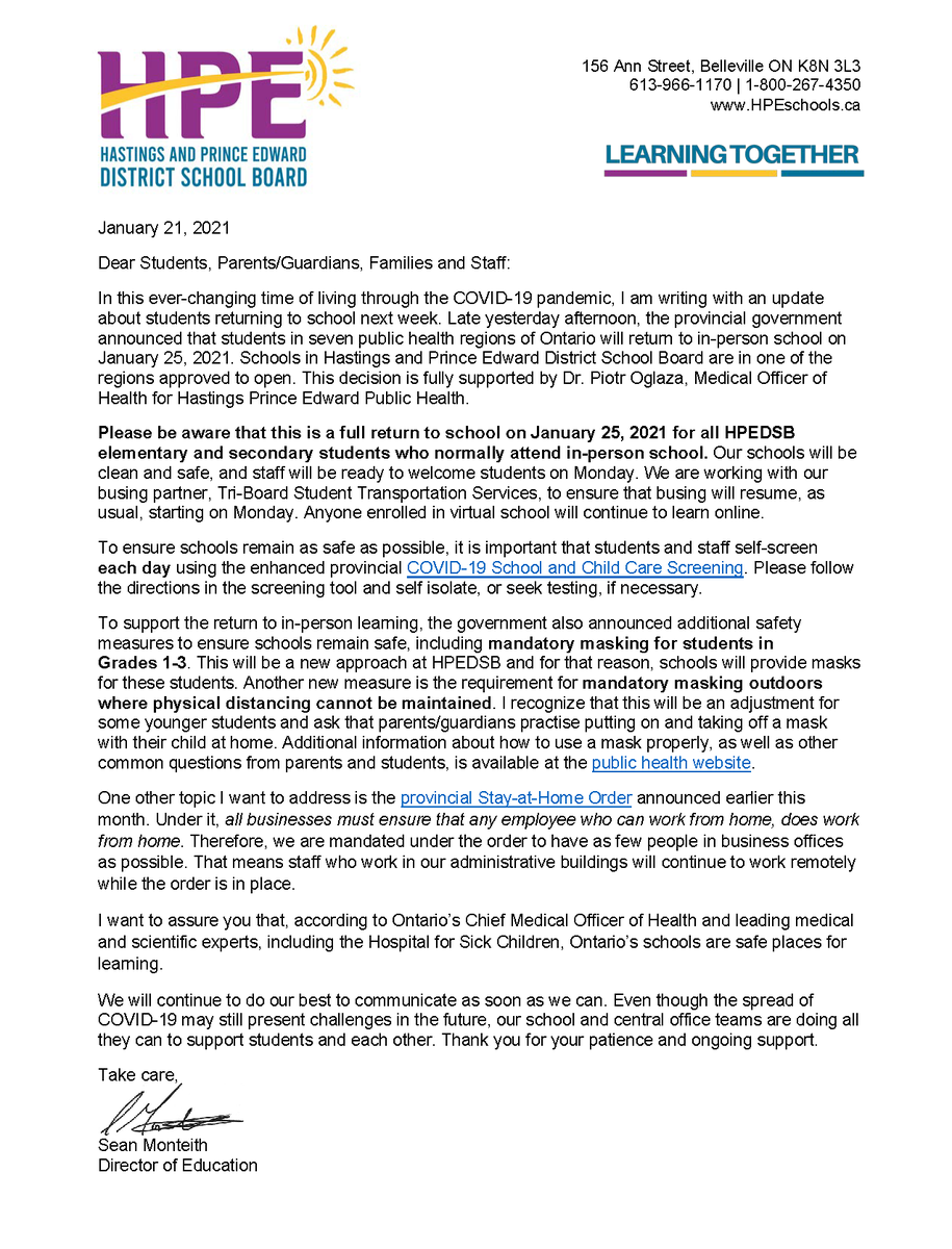 Please read the following letter from Director of Education, Sean Monteith, regarding the return to in-person learning for all elementary and secondary students (except those enroled in virtual school) on Monday, January 25.