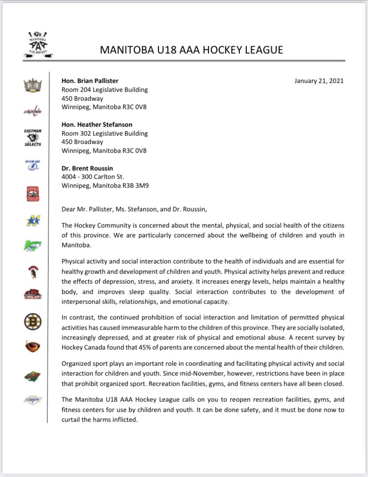 MBAAAU18's tweet image. The Manitoba U18 AAA Hockey League has issued the attached letter to Premier Brian Pallister, Minister of Health and Seniors Care, Heather Stefanson, and Dr. Brent Roussin.