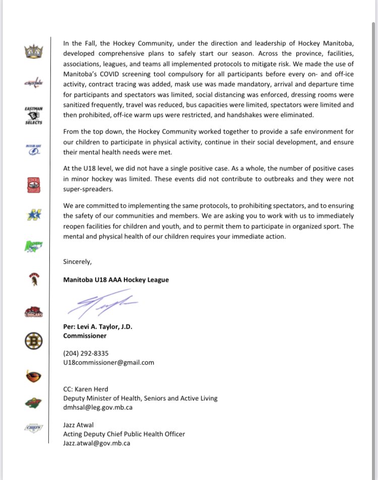 MBAAAU18's tweet image. The Manitoba U18 AAA Hockey League has issued the attached letter to Premier Brian Pallister, Minister of Health and Seniors Care, Heather Stefanson, and Dr. Brent Roussin.