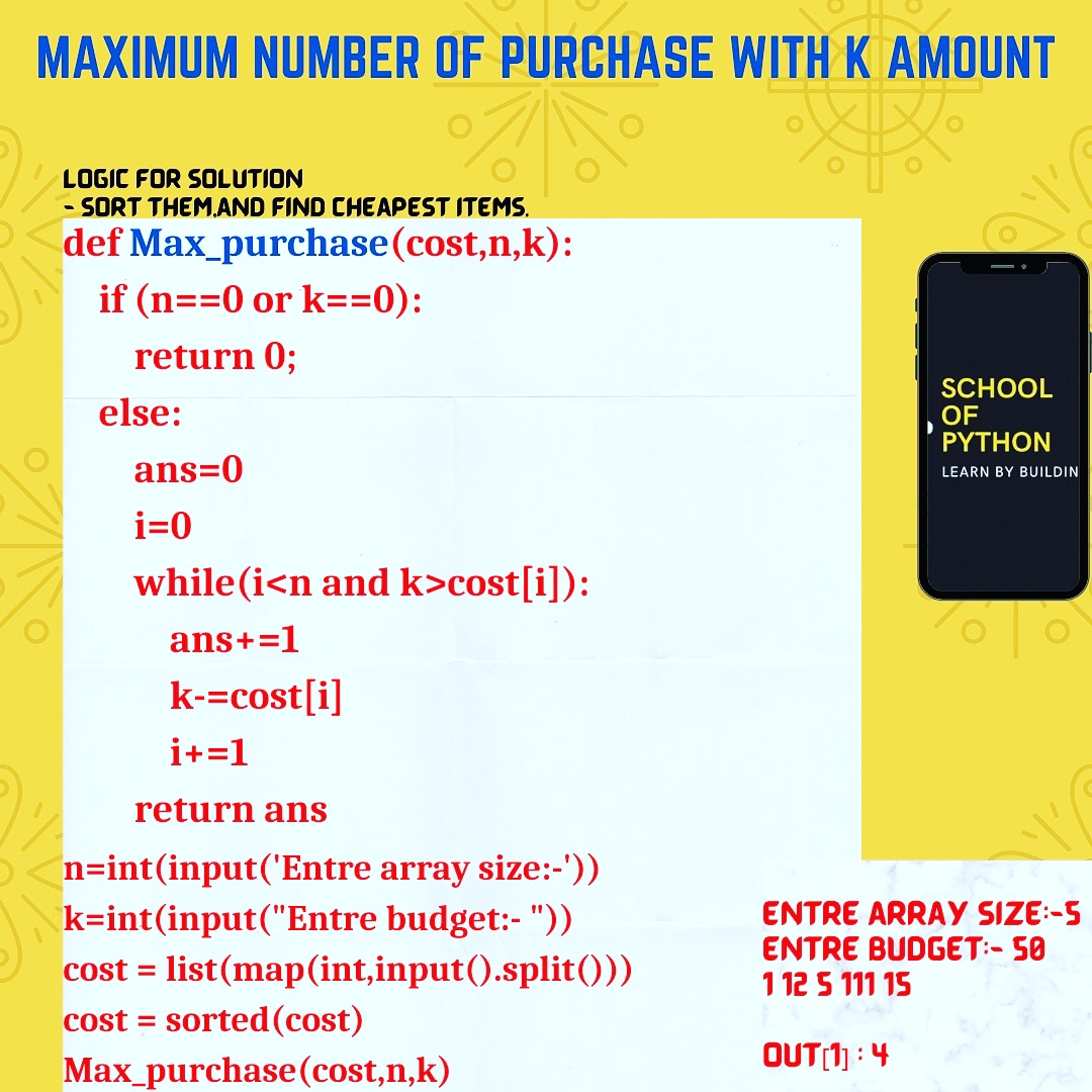 python_school's tweet photo. Maximum number of purchase with K amount.
.
.
Follow ( @python_school ) for more exciting posts related to Data science 📈 Machine Learning 🤖   Artificial Intelligence
@montypython @SciPyTip @PythonStack @DataSciFact @New081082 @Websystemer #DataScience #ML #Python #Engineering https://t.co/yPfM7f8DJn
