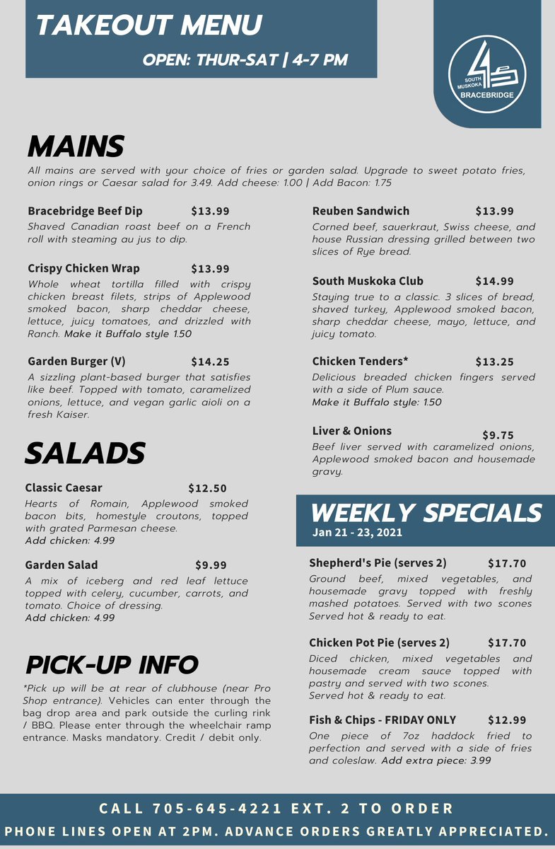 📢 Takeout starts today!📢

Phone lines open at 2pm, with pickup available between 4-7pm. 

10% of all sales will be donated in support of the Bracebridge Manna Food Bank.

Call 705-645-4221 ext. 2 to order. Thanks for your support!