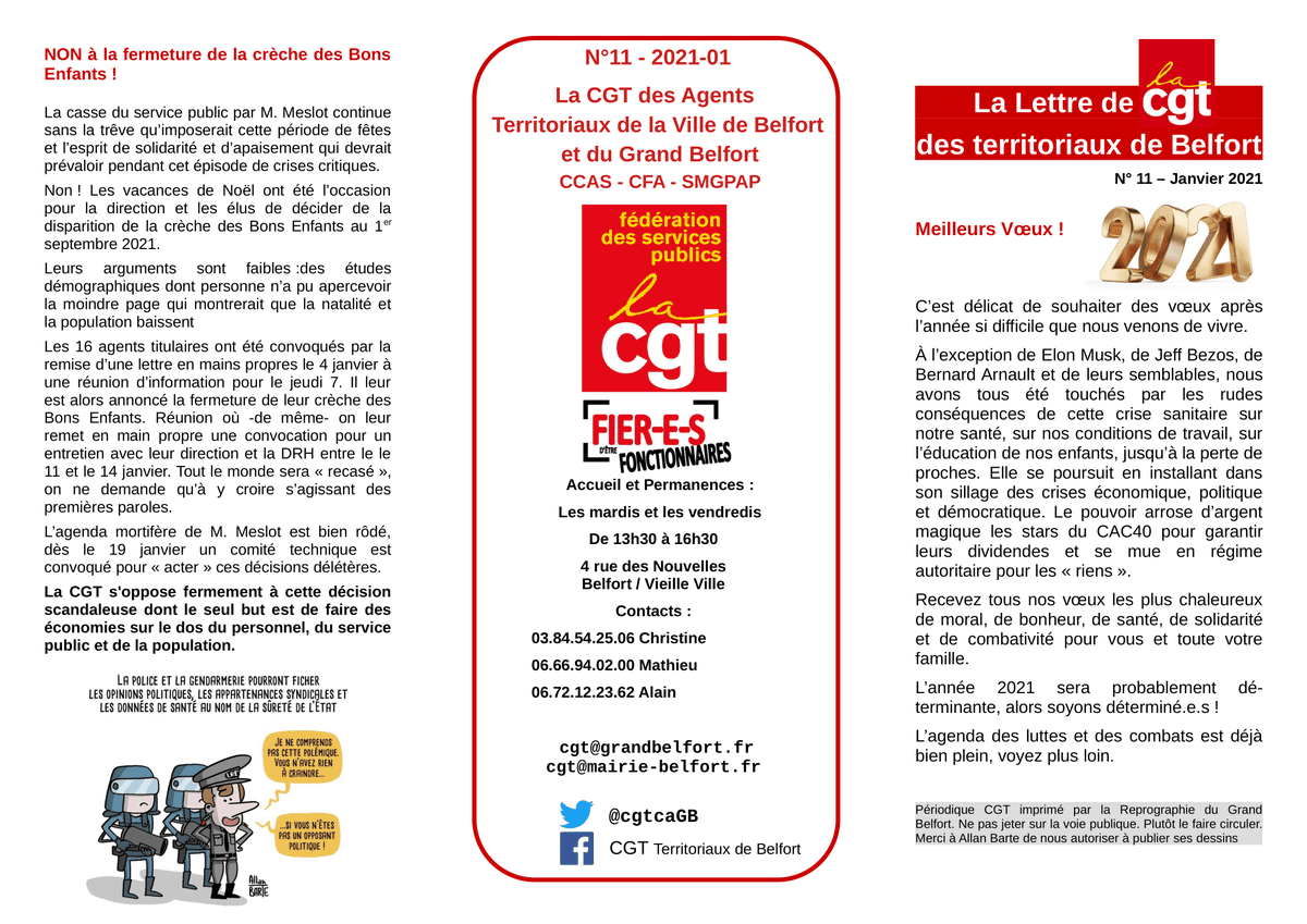 CGTcaGB's tweet photo. Lettre d'information #CGT des agents Territoriaux de #belfort 

N°11 / Janvier 2021 !

- Ville
- Grand Belfort
- CCAS
- CFA
- SMGPAP (Garages)

Avec tous nos meilleurs vœux, l'année 2021 sera déterminante, soyons déterminé.e.s ! 

Bonne lecture ! https://t.co/l48nl44apa