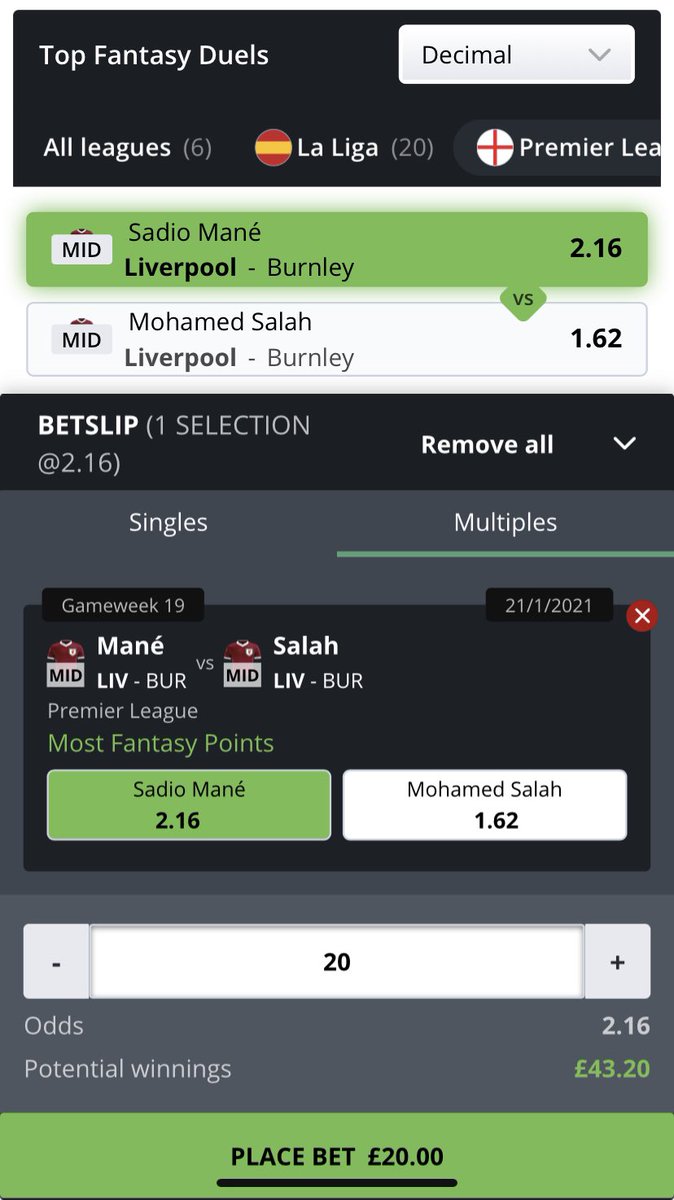 FanTeamOfficial's tweet photo. Today’s top head-to-head Fantasy Duel features Mané vs. Salah in tonight’s #LIVBUR Premier League tie.

🇸🇳 Sadio Mané (2.16)
🆚 
🇪🇬 Mohamed Salah (1.62)

£20 on Mané to outscore Salah in fantasy football points tonight wins £43.20!

Duels 👉 https://t.co/cLRPPR7XIp https://t.co/0izOaW3kAc