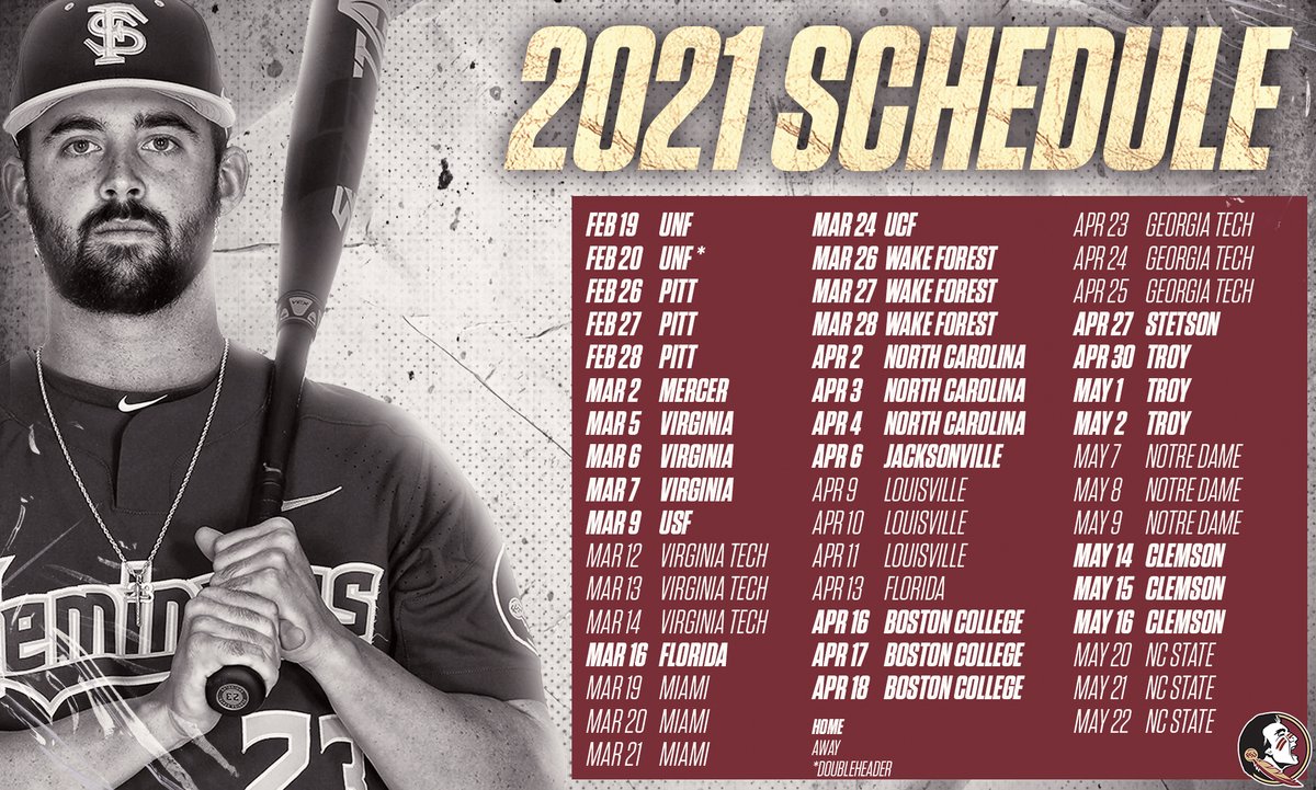FSUBaseball's tweet photo. 🚨 Full 2021 Schedule!! 🚨

🍢 We host @OspreyBSB on Opening Day Feb. 19
🍢 Home-and-home vs. @GatorsBB 
🍢 30 home games with tickets on sale Monday!

More: https://t.co/jpDTugMMPG https://t.co/kUxdpppxxE