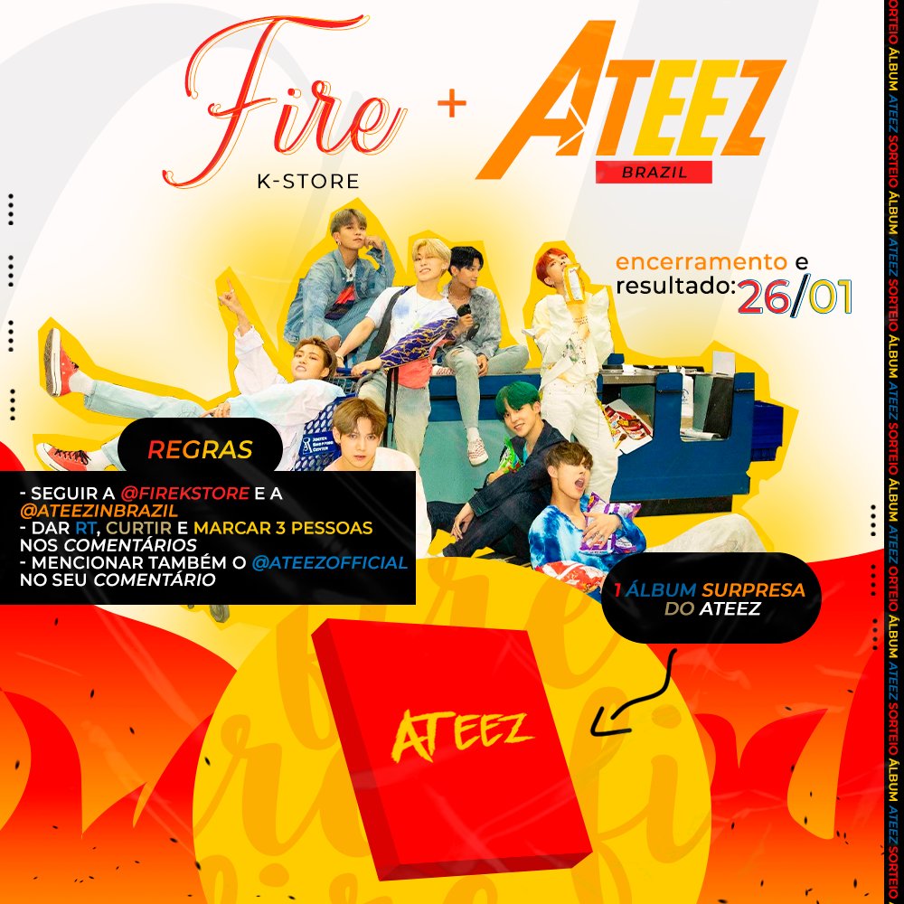 FireKStore's tweet photo. 🎁 | Sorteio de 1 álbum surpresa do #ATEEZ

Você deve:
✅ Estar seguindo a @FireKStore e a @ateezinbrazil
✅ Dar RT e curtir esse tweet
✅ Marcar 3 @ diferentes nos comentários + @ATEEZofficial

🌟 Encerramento e resultado: 26/01
🌟 O vencedor precisa seguir todas as regras! https://t.co/mdY0KZ58l1