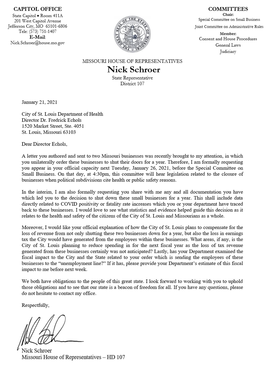 NickBSchroer's tweet photo. Upon reviewing the letter from @CityofSTLDOH related to the closure of two small businesses, we are requesting Director Echols to appear before the #moleg Special Committee on Small Business next Tuesday. https://t.co/ZYRapS2Fej