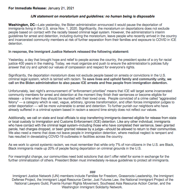 ImmJustice's tweet photo. Our reaction to the Biden administration's deportation moratorium and priorities memo: "No human being is disposable." 

Full statement ⬇️ https://t.co/KJx6dQGVn5