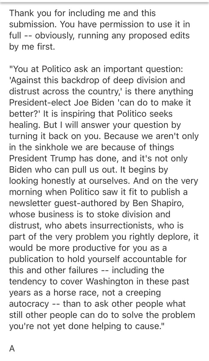 On the day Politico gave Playbook to Ben Shapiro, it asked my thoughts on how Biden can unite us.Given that it published Shapiro in the spirit of airing diverse views, I thought it would be open to whatever I had to say. But Politico refused to run what I wrote, which is below.