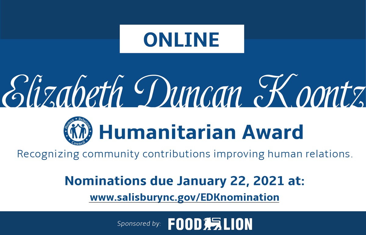CitySalisburyNC's tweet photo. Hey #SalisburyNC: Today, Friday, Jan. 22, is the deadline to nominate an individual/group for the Elizabeth Duncan Koontz Humanitarian Award. 

Visit: https://t.co/a9Luiqge0C. https://t.co/eyECOmKkJs