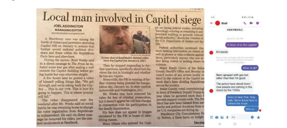 The FBI had 2 main pieces of evidence against Florida man Brad Weeks:1. A video in which he said, "We’ve gotten through & we are going to take back the Capitol! We’re taking back our country! This is our 1776!"2. A "local man" news article implicating himself in the attack.