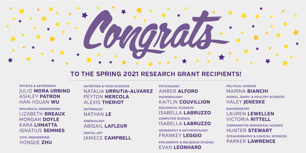 lsu_our's tweet photo. We are excited to announce our Spring 2021 Research Grant Recipients! For more information on our Undergraduate Research Grants, go to https://t.co/7uTIOEVgHN
#LSU #LSUdiscover #undergraduateresearch #LSUresearch https://t.co/zyXgfr97if