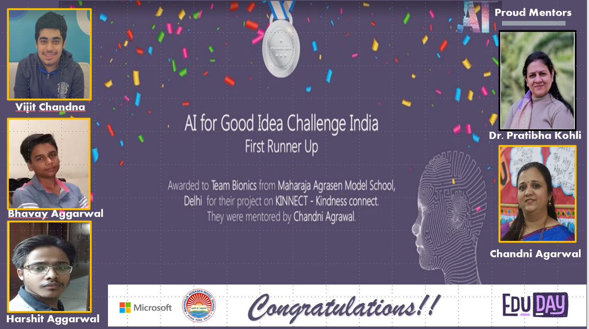 chandni1910's tweet photo. feeling humbled & proud to share that Team Bionics announced as First Runner Up yesterday for AI for Good Challenge from @agrasen_model .
Its a great experience to mentor such a wonderful team.
#kindnessConnect
#AIforgood
#AI4youth
https://t.co/xlWmA8XPrf https://t.co/KlZ5cVjyX7