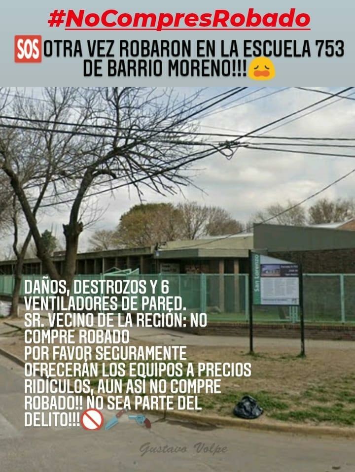 VolpeGustavo's tweet photo. 🆘Otra vez robaron en la Escuela 753 Gral. San Martín de Barrio Moreno!!!😩
Daños, destrozos y 6 ventiladores de pared. Sr. Vecino de la región: NO COMPRE ROBADO
Seguramente ofrecerán los equipos a precios ridículos, aun así #NoCompreRobado!! No sea parte del delito!!!🚫🔪🔫 https://t.co/uFnkTkkLJw
