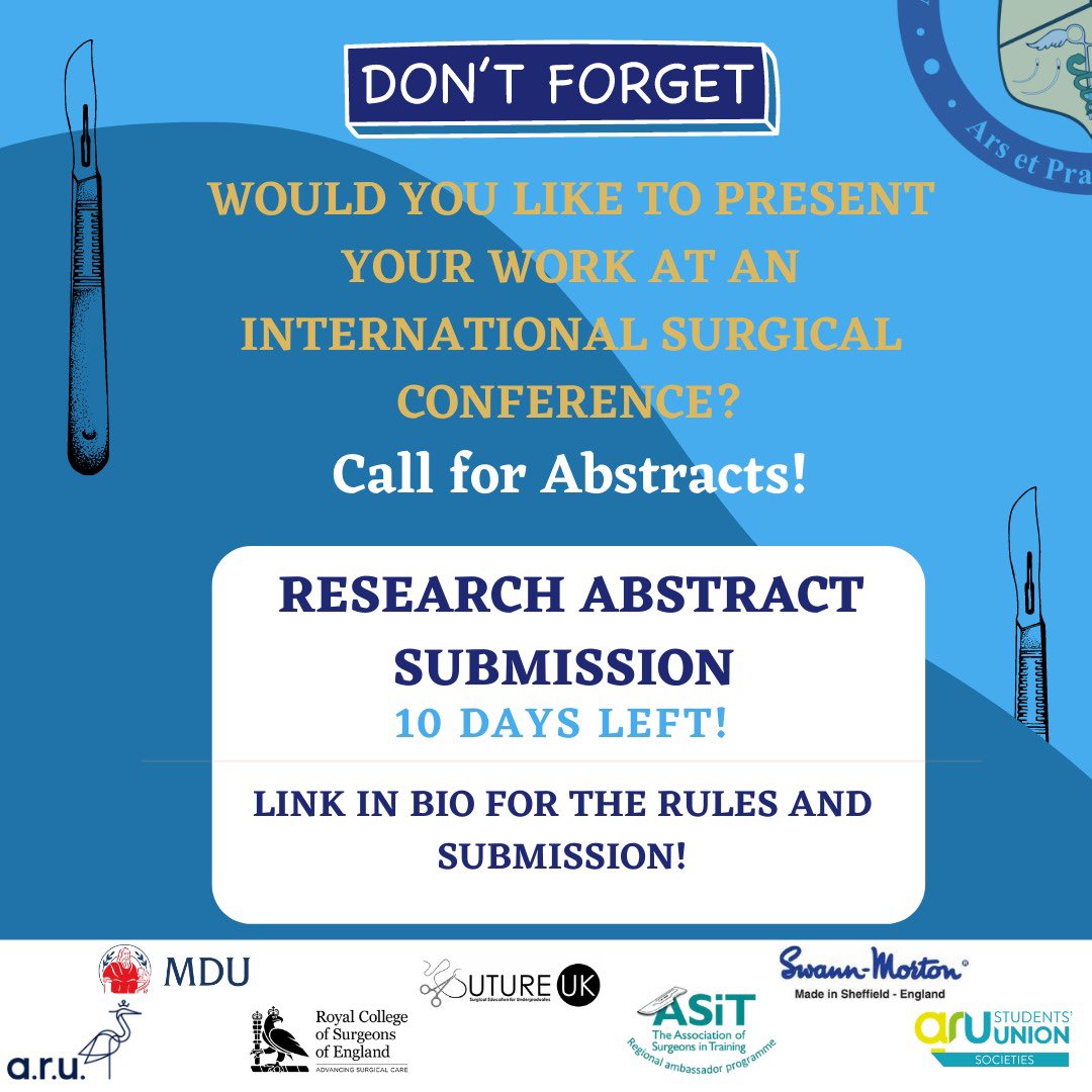 arusurgicalsoc's tweet photo. β¨ 10 days left for Abstract Submission and to get your Early Bird tickets! π€©
Remember that Early Tickets include a lanyard, a conference handbook and a badge!! See you there!!
#internationalconference #abstractcompetition https://t.co/uXPBJ8v6fq