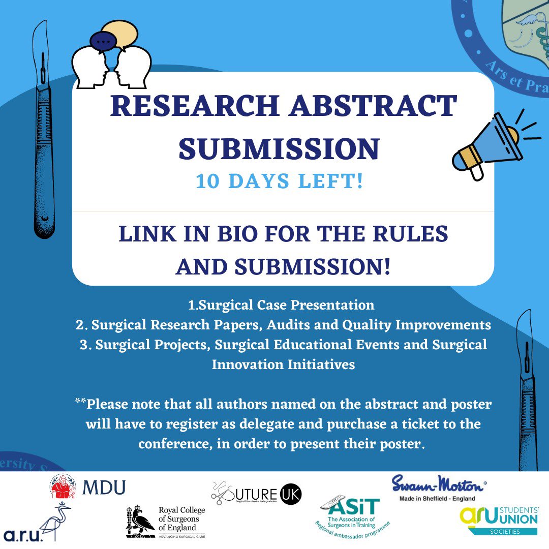 arusurgicalsoc's tweet photo. β¨ 10 days left for Abstract Submission and to get your Early Bird tickets! π€©
Remember that Early Tickets include a lanyard, a conference handbook and a badge!! See you there!!
#internationalconference #abstractcompetition https://t.co/uXPBJ8v6fq