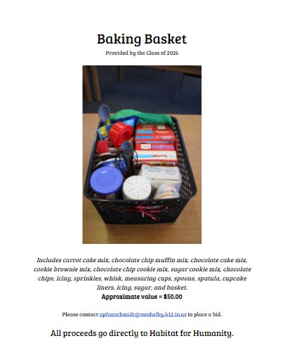 SWStuCo's tweet photo. More items available in our annual Homecoming silent auction, with all proceeds going directly to Habitat for Humanity. Comment here or email apfanschmidt@swshelby.k12.in.us to place a bid on these items! Donations also accepted. https://t.co/QQDmLlwODg
