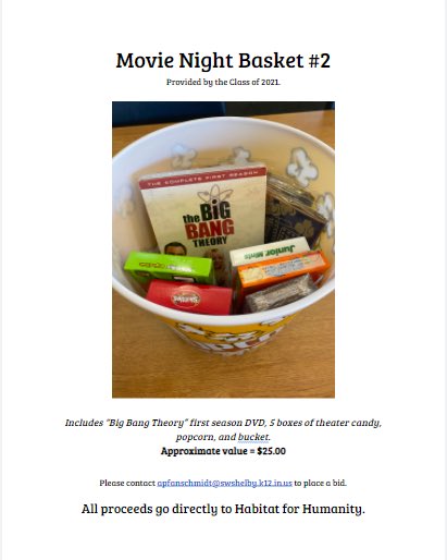 SWStuCo's tweet photo. More items available in our annual Homecoming silent auction, with all proceeds going directly to Habitat for Humanity. Comment here or email apfanschmidt@swshelby.k12.in.us to place a bid on these items! Donations also accepted. https://t.co/aM5Im6EYxO
