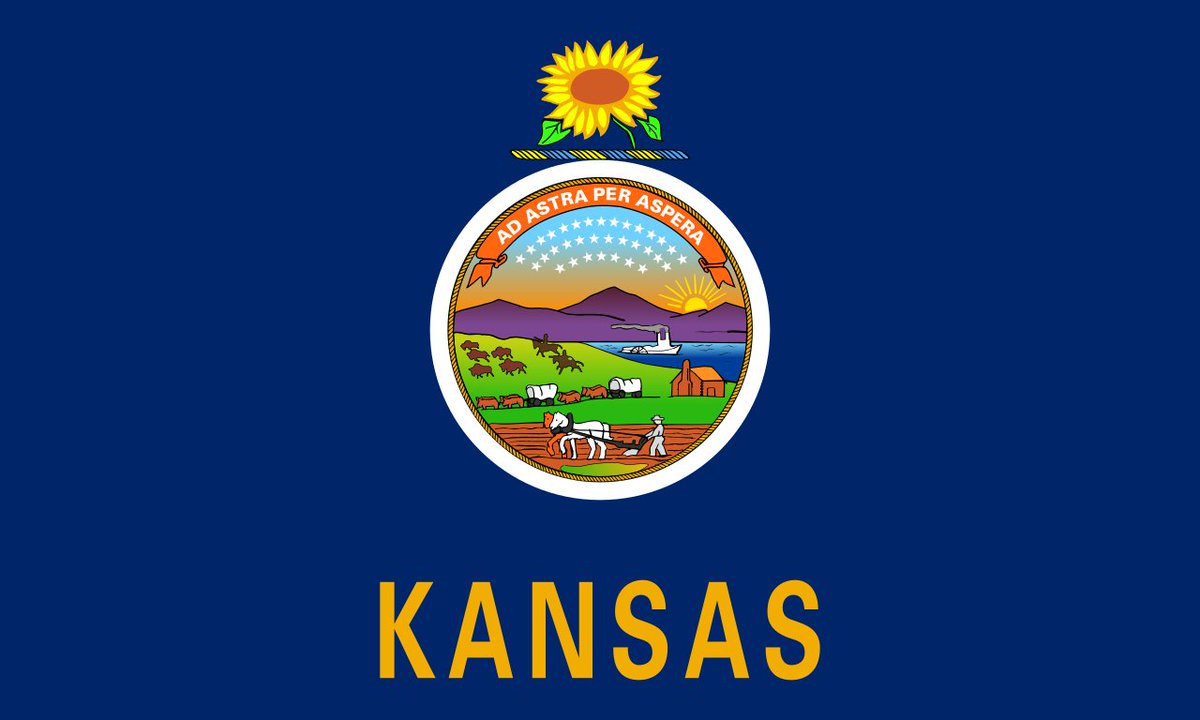 31. Kansas -- "TO THE STARS THROUGH DIFFICULTIES." Hell yeah, Kansas. I GET that energy, dude. Also, cool sunflower. Also, I'm getting bored of flags with the name of the state emblazoned in massive capital letters