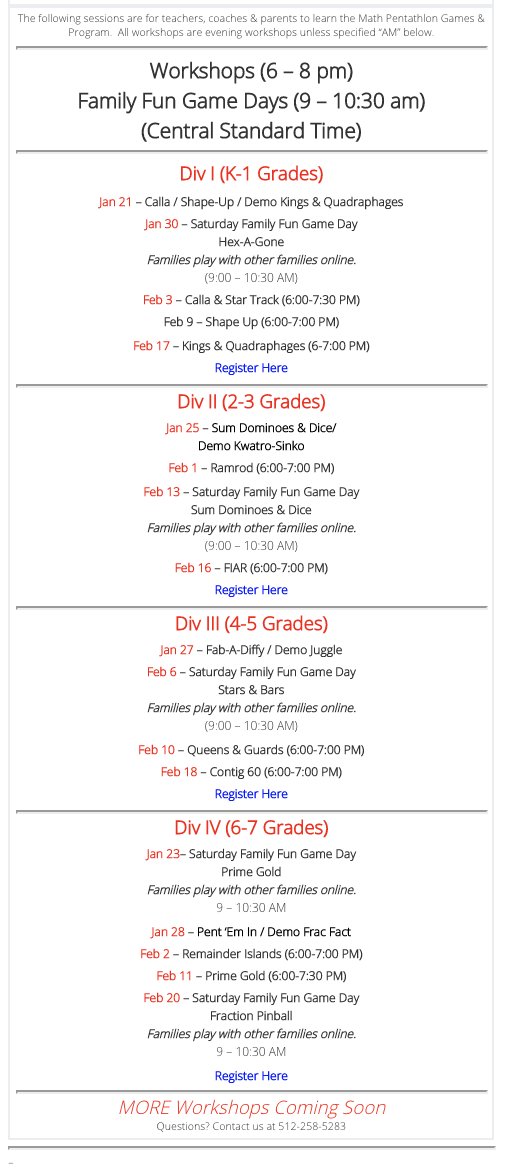 Mathpentathlon's tweet photo. More workshops have been added to our schedule!  Join us for some fun!  All workshops are donation-based.  Hope to see y'all soon (virtually, of course!) https://t.co/jYIiE3PFoK https://t.co/3Yi5toJShU
