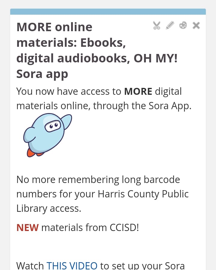 CFHS_Library's tweet photo. Did you know...you can access thousands of #ebooks and #audiobooks through our new app @sorareadingapp and @harriscountypl and our own #ccisdlibs collection! Check out the #video in the CFHS LIBRARY course in @itslearning
#knightsread #uKnighted #readersgottaread https://t.co/8cVo8RmBa1