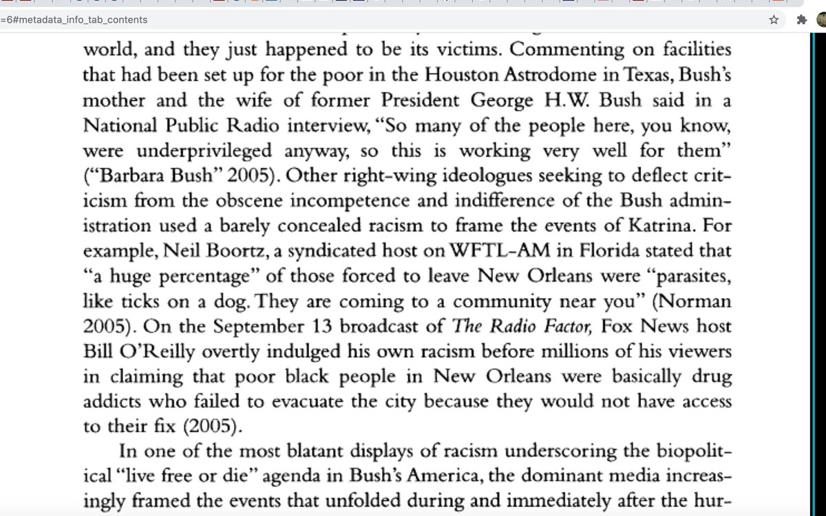 (Just taking another moment on the Bush administration and reflecting on how short-term disasters surface different kinds of expressions of racism than "slow disasters" like COVID-19. We haven't seen quite the same demonization of pandemic victims -- more, their erasure)