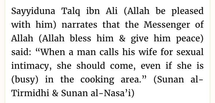 Returning to the authentic narrations attributed to Muhammad, if it means the food is burning in the kitchen your husband's sexual desires comes first. This doesn't exclude the husband's desires during menstruation. 4/4