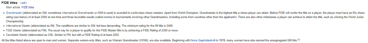 In chess, there is a unrestricted and a Women's World Championship, as well as championships for most national federations. There are also unrestricted Master titles, as well as women's titles. Women's titles are 200 points lower than unrestricted titles.2/