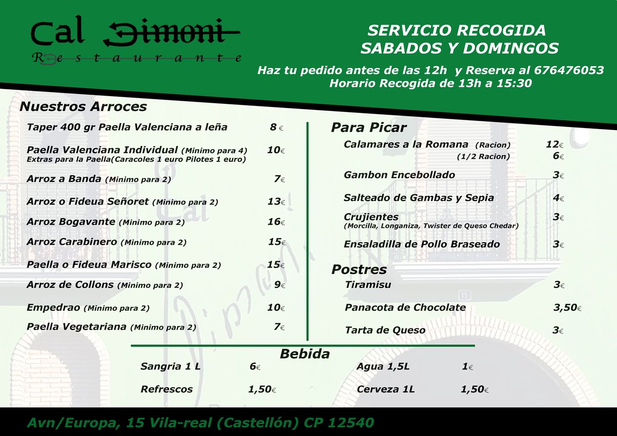 CalDimoni's tweet photo. Salvemos la Hostelería!
Ahora Sábados y Domingos Servicio de Recogida!! Haz tu pedido antes de las 12h y reserva al 676476053!!
Animo y fuerza a todos los compañeros hosteleros !! #salvemoslahosteleria #vilareal #villarreal https://t.co/vvIczngsBI