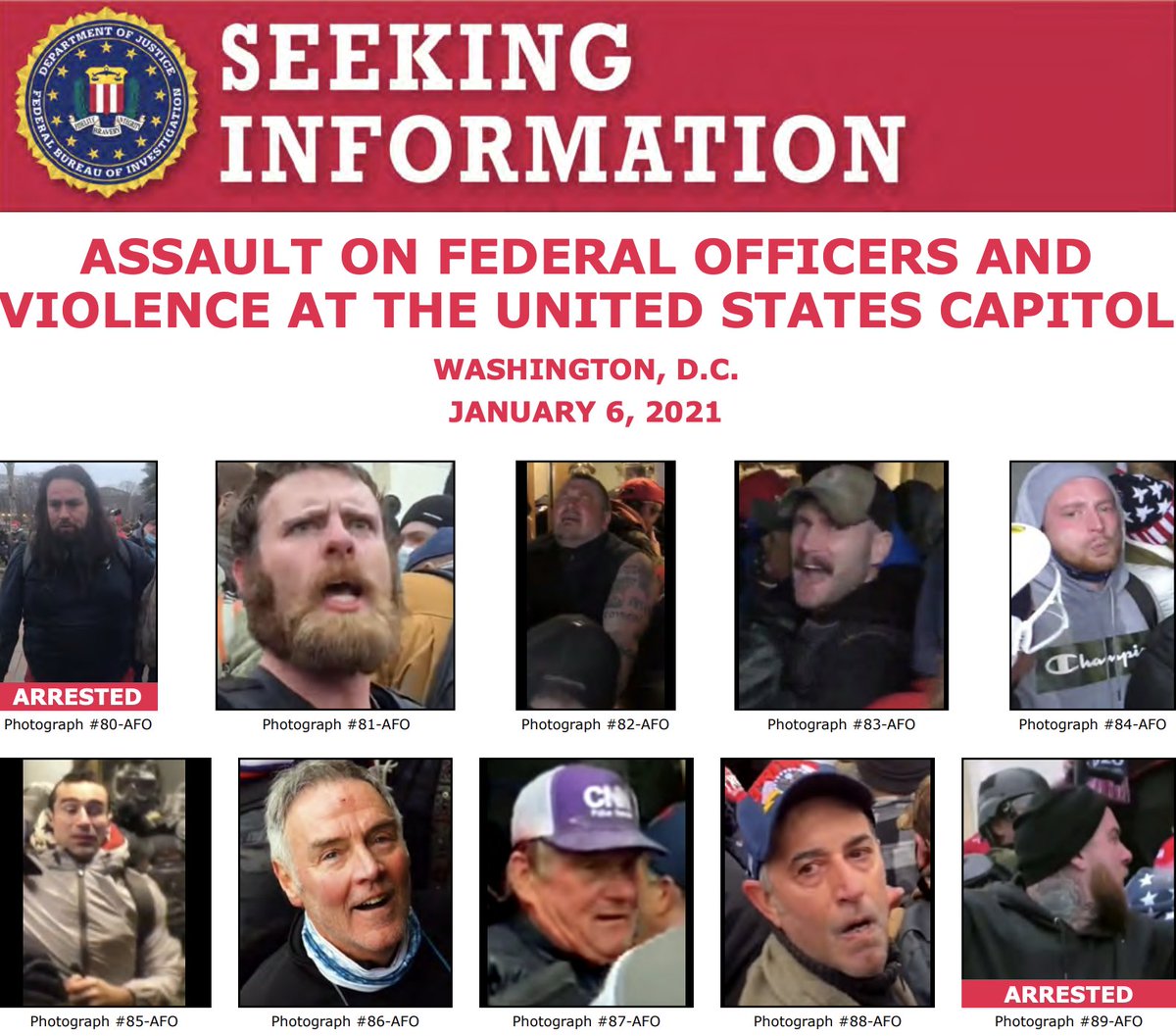 Keep the tips coming! The #FBI has arrested multiple people in connection with the violence at the U.S. Capitol on January 6. Help us identify more individuals at ow.ly/z1sX50DeJGn. If you see someone familiar, submit a tip at fbi.gov/USCapitol.
