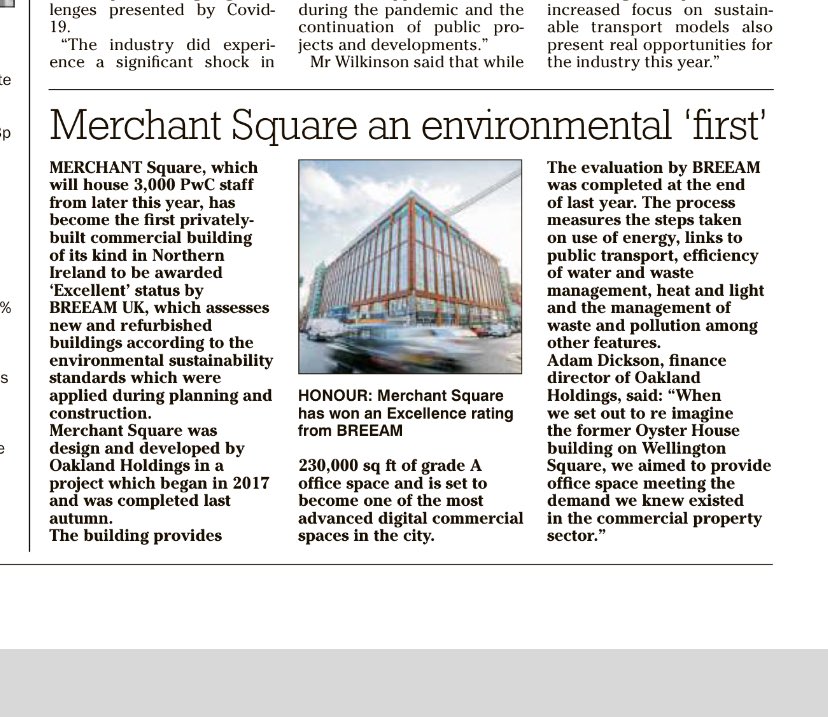 Terrific news for Merchant Square - awarded ‘Excellent’ BREEAM status. Sustainable, quality development. @PwC_NI <a href="/belfastcc/">Belfast City Council</a> <a href="/irishnewsbiz/">Irish News Business</a> <a href="/mwadvocate/">MWAdvocate</a>