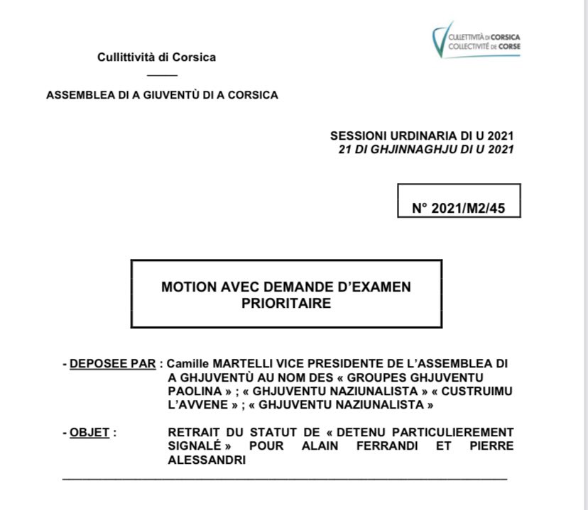 GiuventuInMossa's tweet photo. 📣 Votu à l’unanimità da l’Assemblea di a Giuventù d’una muzioni contr’à l’inghjustizia fatta à Alain Ferrandi è Petru Alessandri.
Chjamemu dinò à l’addunita u 30 di ghjinnaghju à 1 ori di u dopu meziornu in Corti, à a chjama di @LOraDiURitornu 
Femu li vultà ! https://t.co/nQqksvCPJY