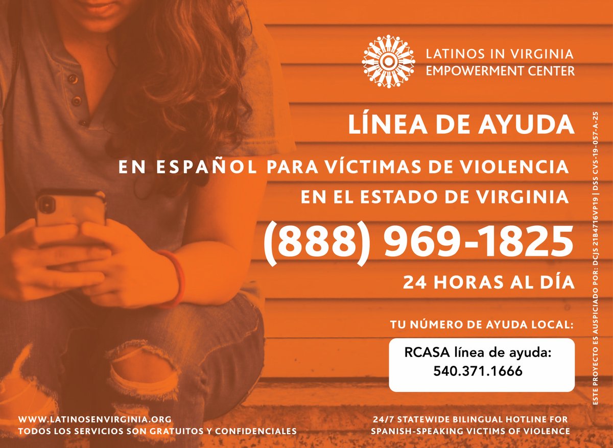 RCASA_VA's tweet photo. ID 1:El volante para Latinos en Virginia: Centro Empoderamiento. La imagen tiene un fondo naranja y una foto de dos niños  Latinos con sus padres Latinos mirando a la camara, sonriendo suavemente. El texto se lee,: “Linea de ayuda. En Espanol para victimas de violencia en estado https://t.co/SmJP2gCdGn