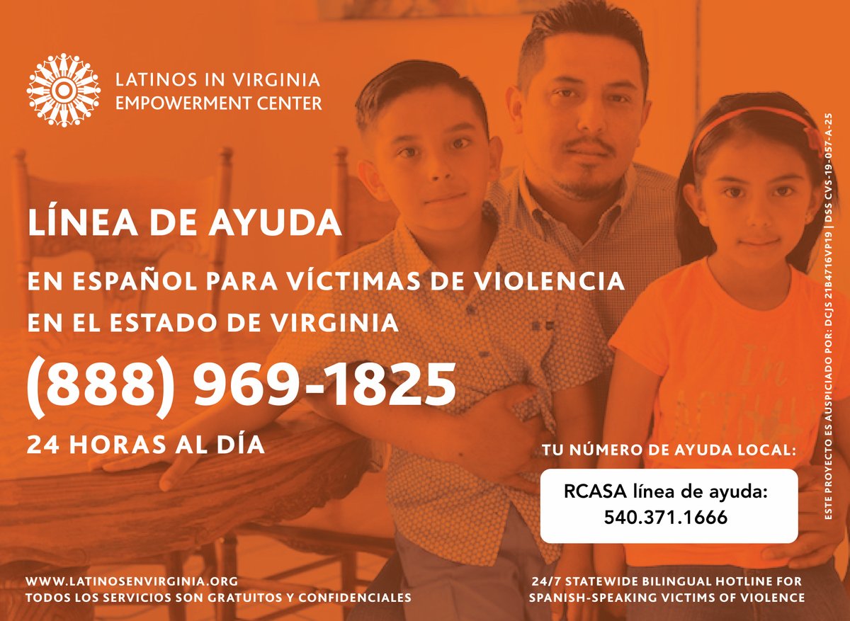 RCASA_VA's tweet photo. ID 1:El volante para Latinos en Virginia: Centro Empoderamiento. La imagen tiene un fondo naranja y una foto de dos niños  Latinos con sus padres Latinos mirando a la camara, sonriendo suavemente. El texto se lee,: “Linea de ayuda. En Espanol para victimas de violencia en estado https://t.co/SmJP2gCdGn