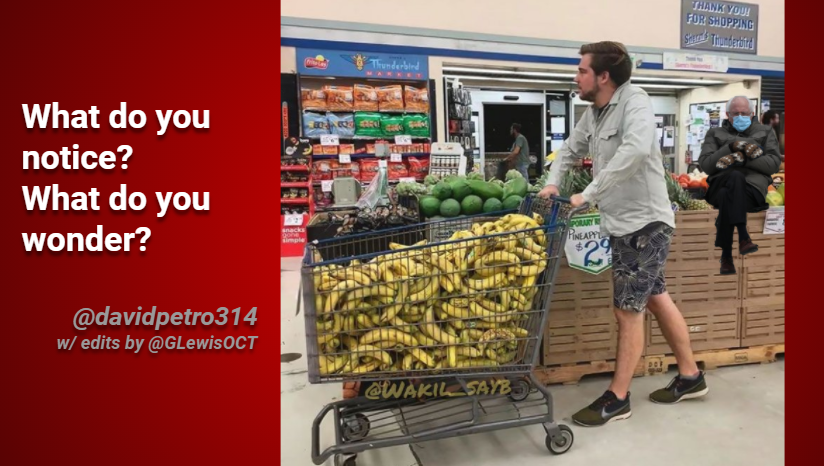 GLewisOCT's tweet photo. Starting a Math lesson off with a Notice/Wonder activity allows students to engage in meaningful math conversations. Can't wait to start our afternoon #PD session w/ our Grade 7 teachers! #Bananas #Estimation #Minus45 @davidpetro314 @Wakil_Sayb @SevsSevens @lukemteacher https://t.co/xzosCNRLdK