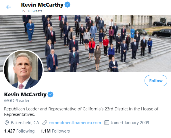 Republican House leader Kevin McCarthy previously and falsely defended ( https://www.washingtonpost.com/politics/2020/11/12/house-minority-leader-mccarthy-claims-reps-elect-greene-boebert-denounced-qanon-greene-has-not/) Greene over her support for QAnon. His Twitter ( @GOPLeader) header image currently features him with the GOP House freshman class, with Greene just a few spots away from him.