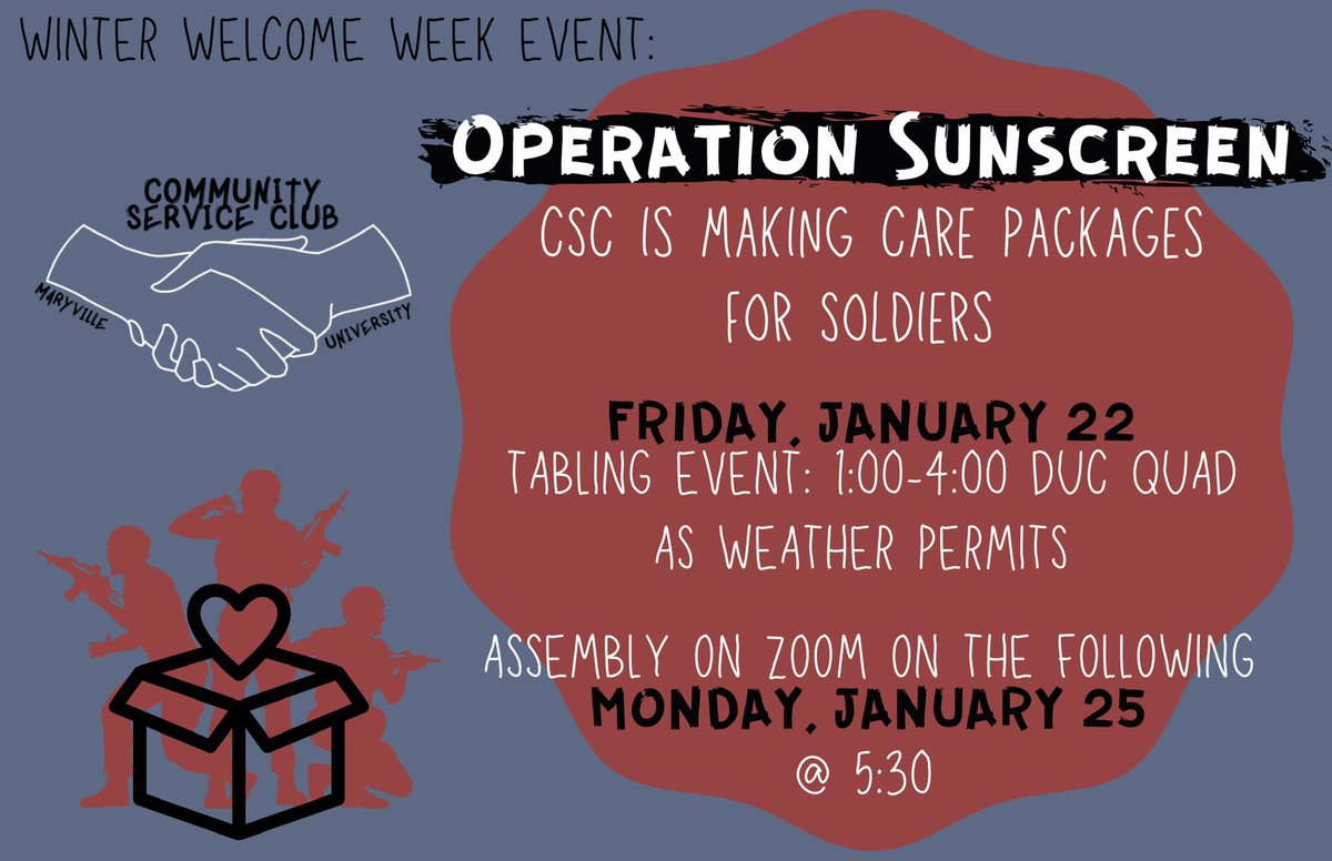 We have another great event to attend to this week! After coming to the CSC booth of the Involvement Fair.... come out to our tabling event tomorrow 1-4 and collect materials to make care packages with Operation Sunscreen! The zoom where we assemble will be on MONDAY @ 5:30.
