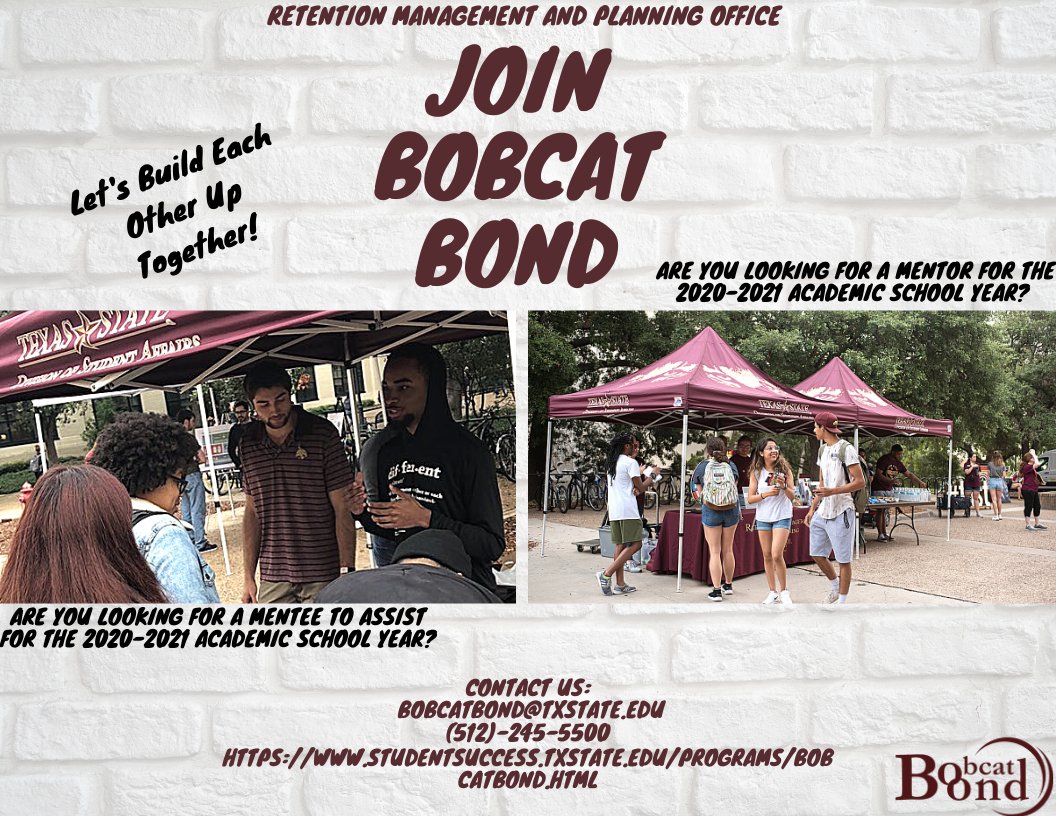 Come and join the Bobcat Bond mentorship program! #TXST 

Check out the link below for more information! 
studentsuccess.txstate.edu/programs/bobca…