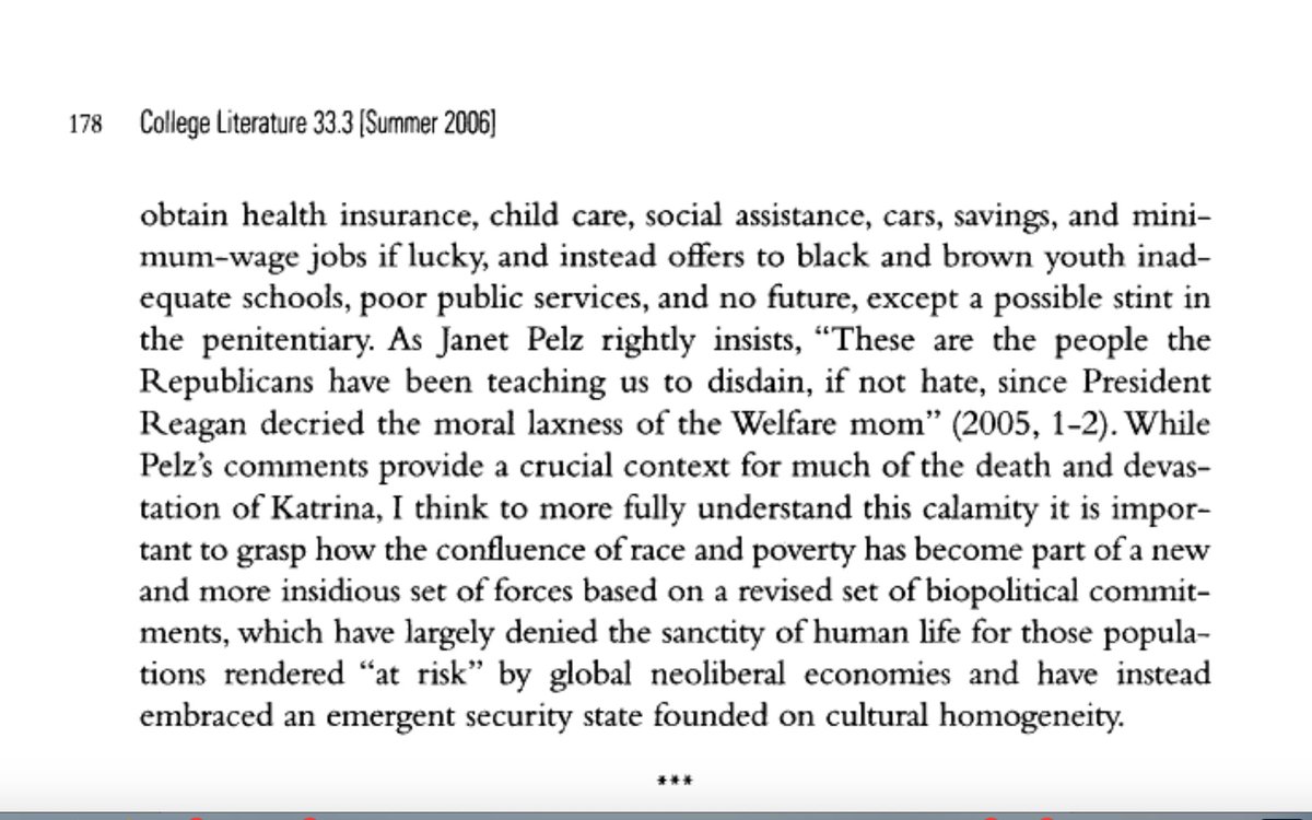 "[Katrina] lays bare what many people in the US do not want to see: large numbers of poor black and brown people struggling to make ends meet, benefiting very little from a social system that makes it difficult to obtain health insurance, child care, social assistance,...savings"