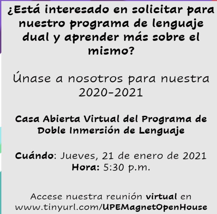 MrsHernandezUPE's tweet photo. Quisiera recordarle de nuestra Casa Abierta Virtual de nuestro programa Bilingüe de Doble Inmersión hoy a las 5:30 p.m.   Por favor use el siguiente enlace para participar de nuestra casa abierta: https://t.co/6puq6RQcEU

#ThisisUPE #UPEDualLanguage https://t.co/gyE6FA6Wf1