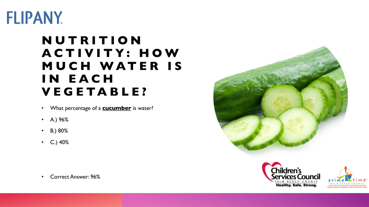 FLIPANY's tweet photo. This week's virtual nutrition education programming in partnership with @PrimeTimePBC  and @cscpbc  was all about veggies! #DYK one cucumber is 96% water!? https://t.co/k8sNv9DLbB