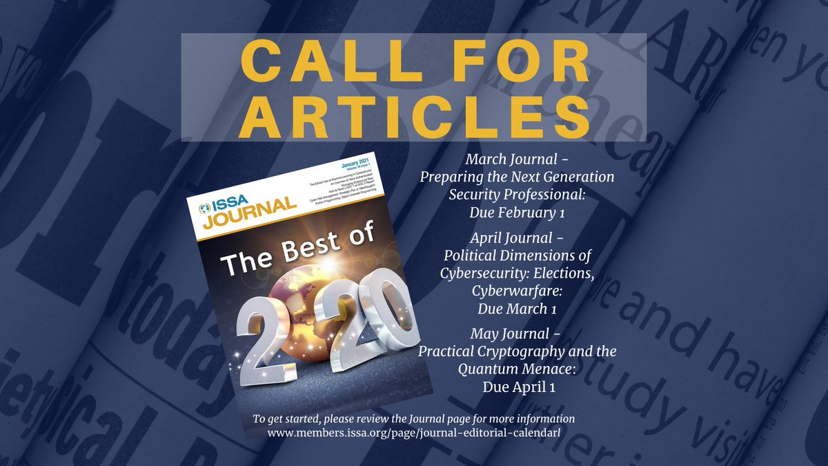 ISSAINTL's tweet photo. The ISSA Journal has announced a call for articles. Learn about editorial guidelines, article submission process, assistance available, and more!
https://t.co/b2vf4m6wRj
#ISSAJournal #cybersecurity #careerdevelopment https://t.co/5x2J7G23Zn