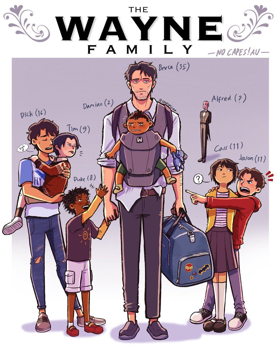 The Wayne Family ft. Tired single dad Bruce™️✨

(in an alternate universe where most of canon still apply except they‘re civilians and Bruce still adopted them all anyway<3 :D)

#Batfamily #BruceWayne #DickGrayson #JasonTodd #CassandraCain #TimDrake #DamianWayne #DukeThomas
